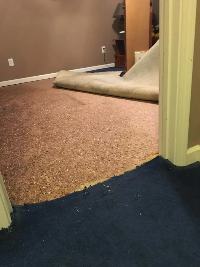 Carpet pad removal revealing water damage during Water Mitigation Services in Connellsville